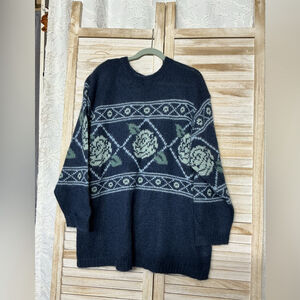 Lane Bryant Navy and Green Floral Crewneck Sweater